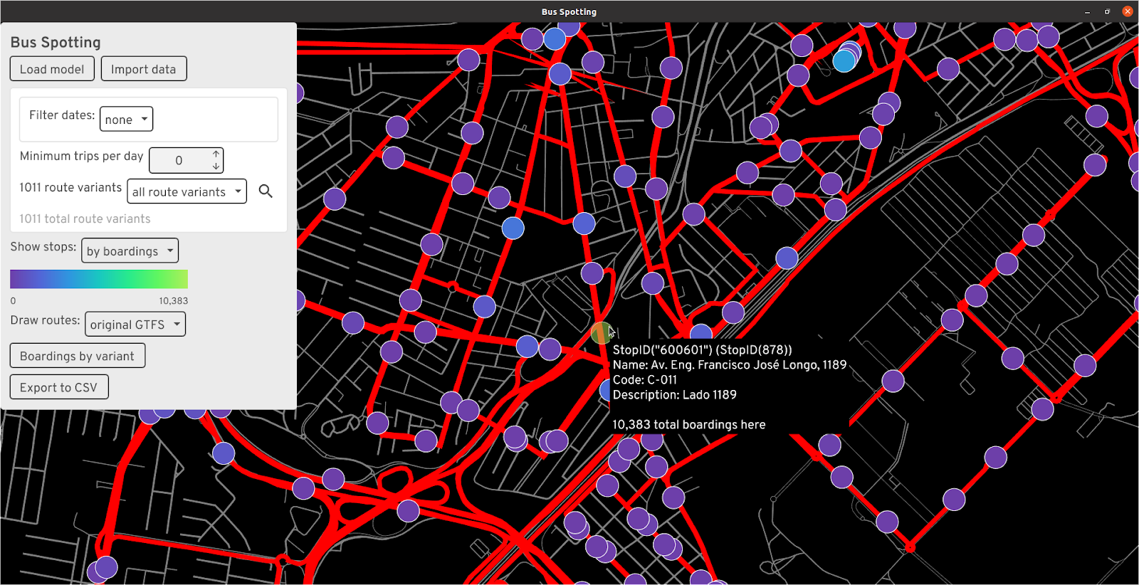 Screenshot showing the bus spotting application