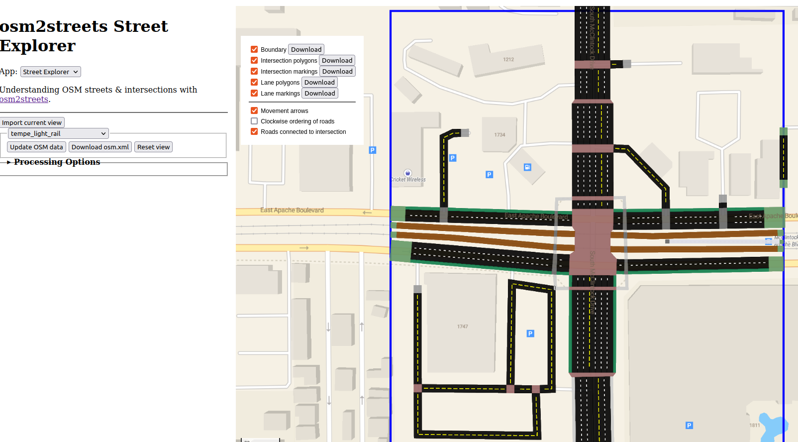 Screenshot showing the osm2streets application