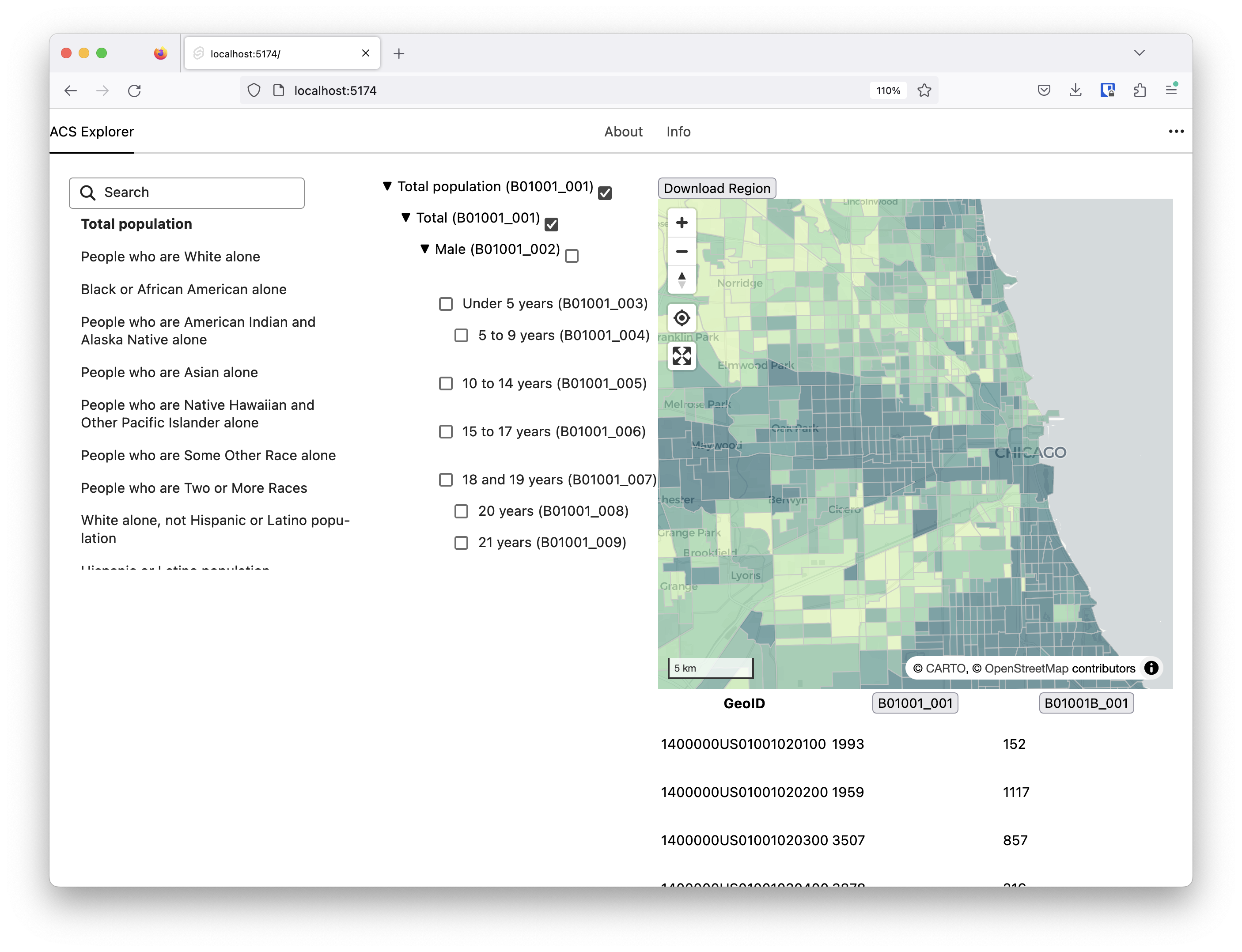 Screenshot showing the demoland application